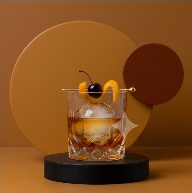 Classic old fashioned cocktail with a large ice sphere, cherry, and orange twist garnish