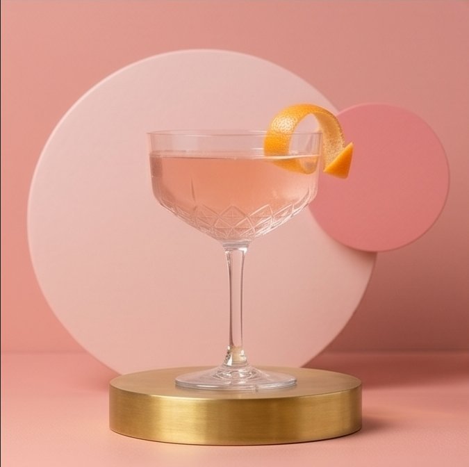 Rosé spritz cocktail in a coupe glass with an orange twist garnish