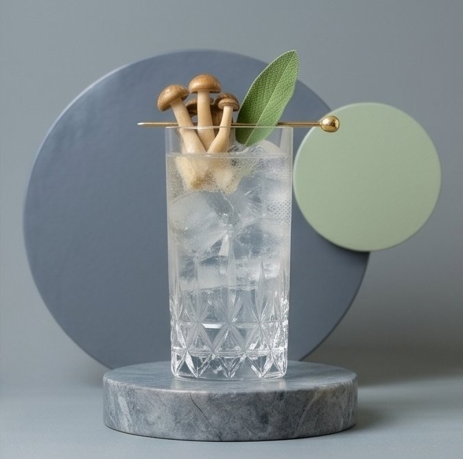 Savoury umami-forward martini garnished with mushrooms and a sage leaf