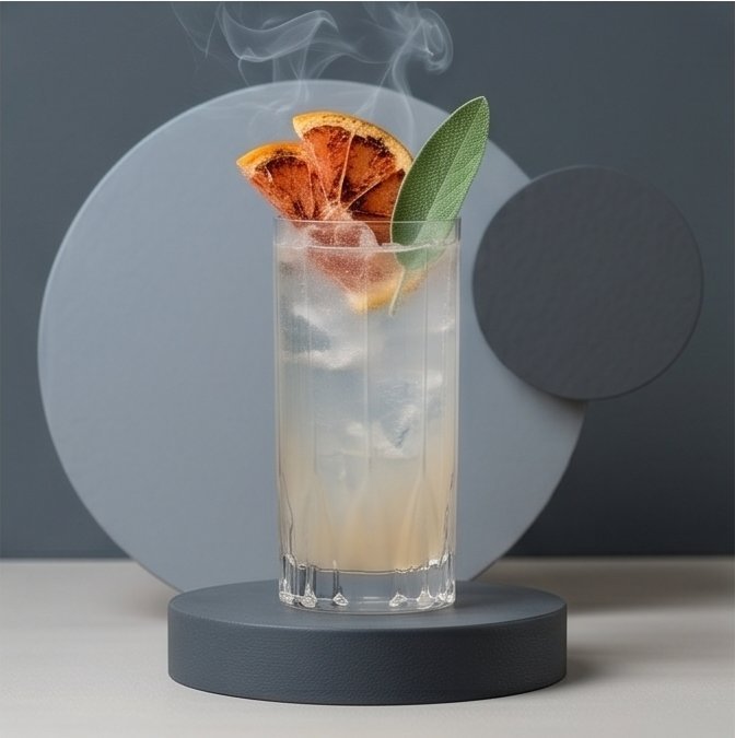 Smoky paloma cocktail with grapefruit, lime, and a smoked sage garnish